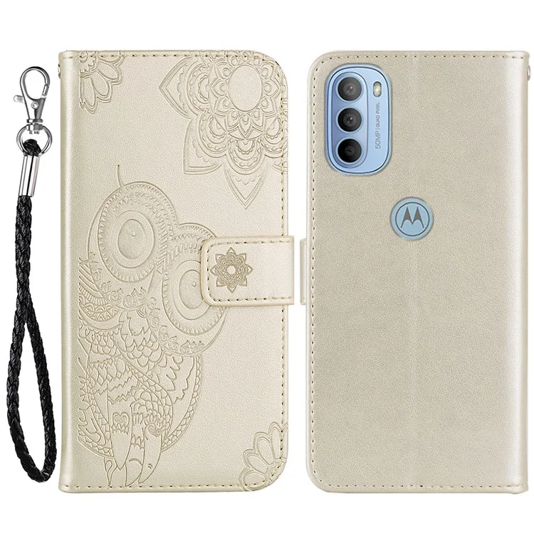 For Motorola Moto G31 4G/G41 4G Wallet Phone Flio Shell Anti-scratch PU Leather+TPU Flip Phone Case Stylish Imprinted Owl Flower Pattern Design Phone Covering - Gold