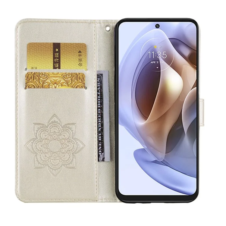For Motorola Moto G31 4G/G41 4G Wallet Phone Flio Shell Anti-scratch PU Leather+TPU Flip Phone Case Stylish Imprinted Owl Flower Pattern Design Phone Covering - Gold