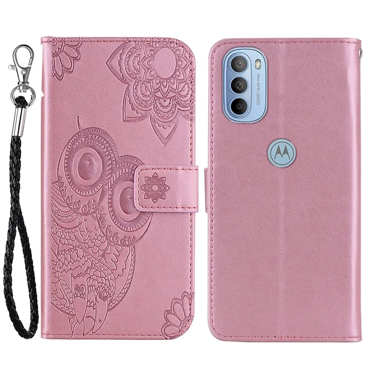 For Motorola Moto G31 4G/G41 4G Wallet Phone Flio Shell Anti-scratch PU Leather+TPU Flip Phone Case Stylish Imprinted Owl Flower Pattern Design Phone Covering - Rose Gold