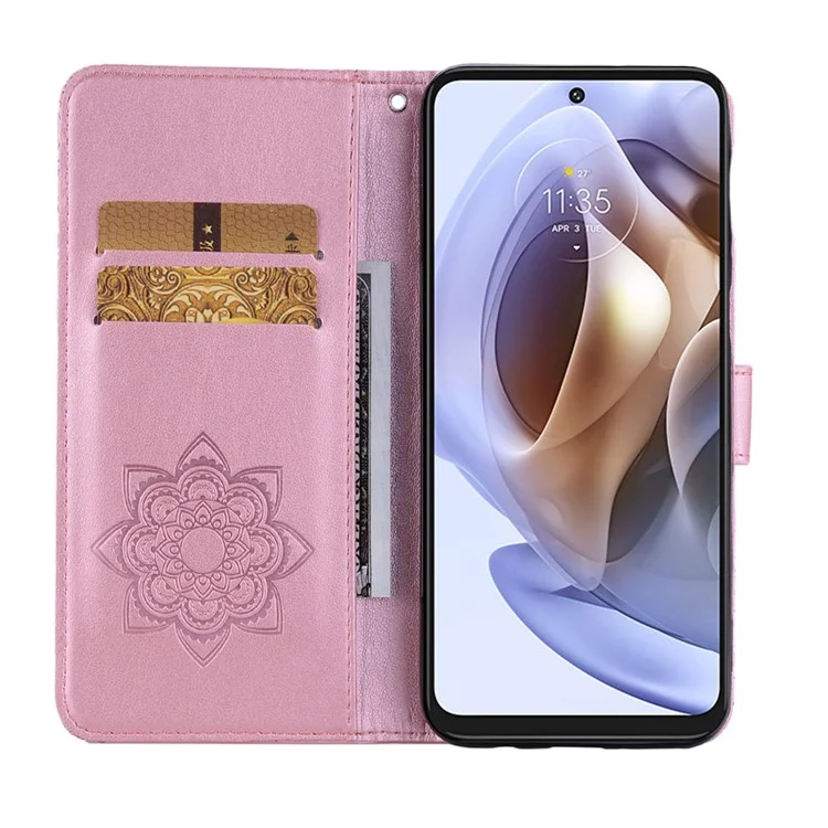 For Motorola Moto G31 4G/G41 4G Wallet Phone Flio Shell Anti-scratch PU Leather+TPU Flip Phone Case Stylish Imprinted Owl Flower Pattern Design Phone Covering - Rose Gold