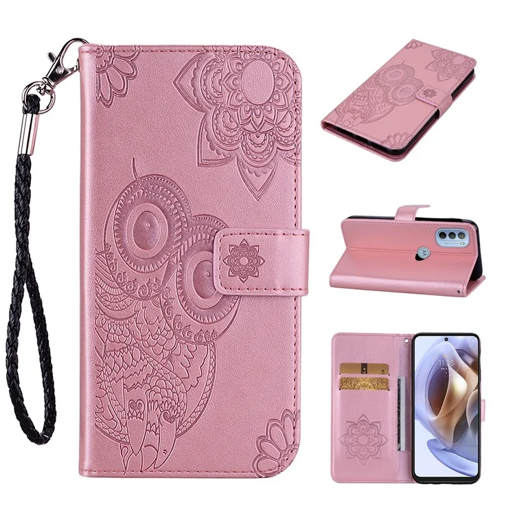For Motorola Moto G31 4G/G41 4G Wallet Phone Flio Shell Anti-scratch PU Leather+TPU Flip Phone Case Stylish Imprinted Owl Flower Pattern Design Phone Covering - Rose Gold