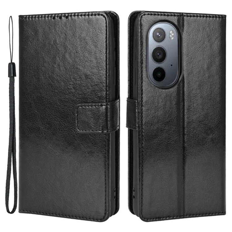 Crazy Horse Textur Faltbar Ständer PU Leder Brieftasche Folio Flip Phone Hülle Mit Handgelenkriemen Für Motorola Edge X30 - Schwarz
