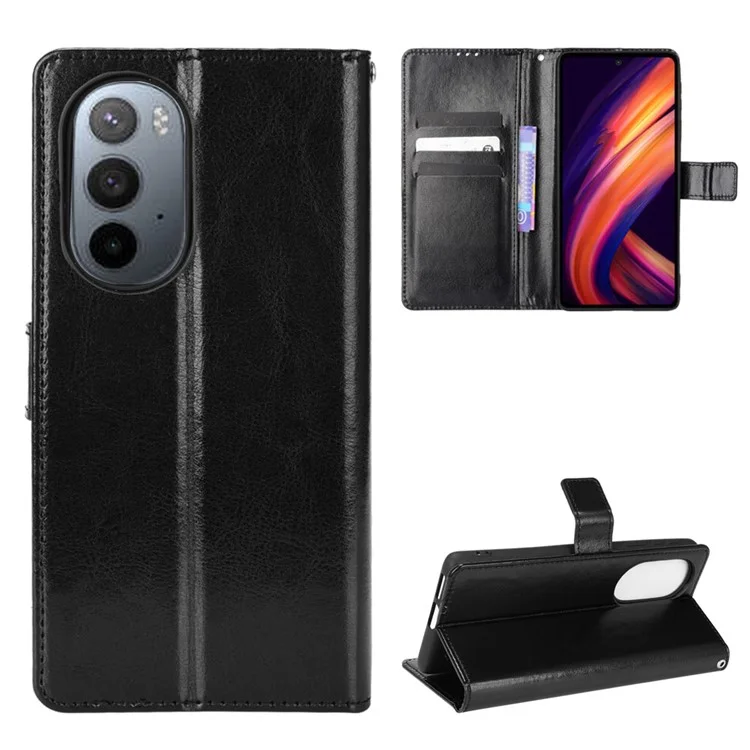 Crazy Horse Textur Faltbar Ständer PU Leder Brieftasche Folio Flip Phone Hülle Mit Handgelenkriemen Für Motorola Edge X30 - Schwarz