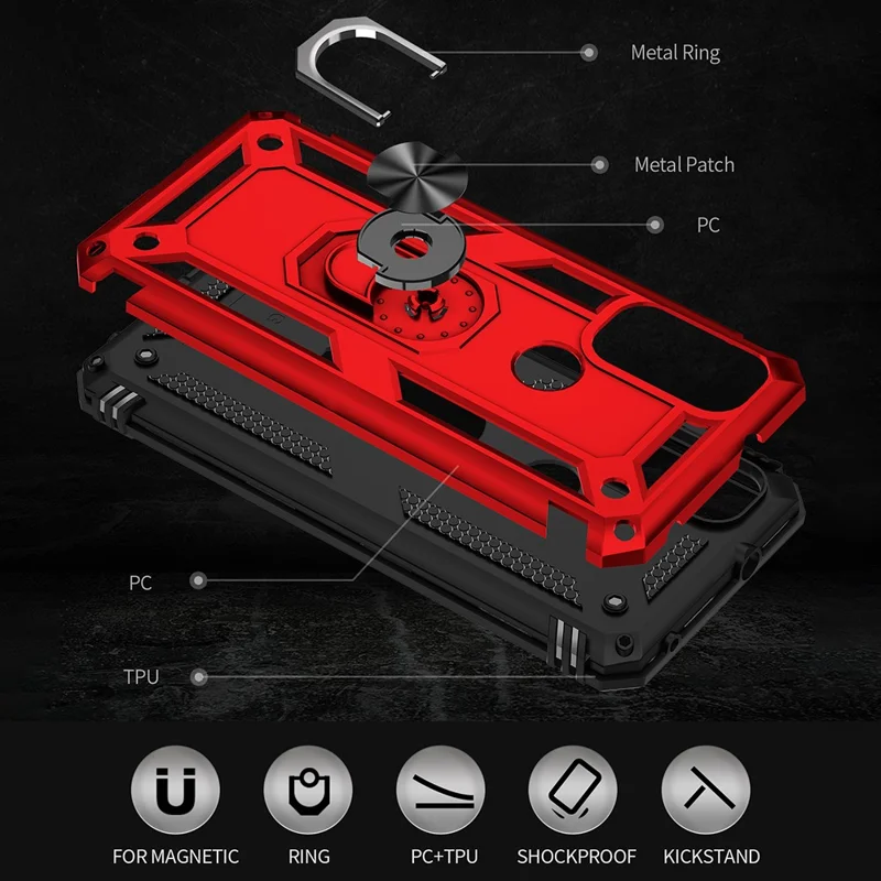 Per Motorola G Pure Anti-scratch Shock Hard Hard PC Soft TPU Custodia Protettiva Con Cavalletto ad Anello - Rosso