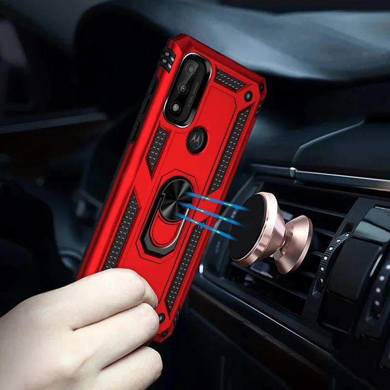 Per Motorola G Pure Anti-scratch Shock Hard Hard PC Soft TPU Custodia Protettiva Con Cavalletto ad Anello - Rosso