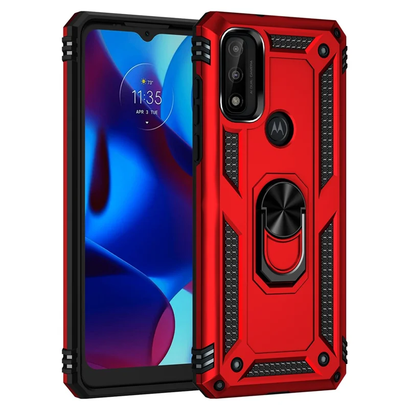 Per Motorola G Pure Anti-scratch Shock Hard Hard PC Soft TPU Custodia Protettiva Con Cavalletto ad Anello - Rosso