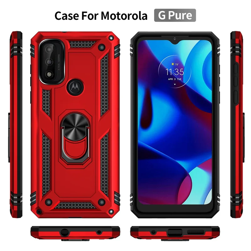 Per Motorola G Pure Anti-scratch Shock Hard Hard PC Soft TPU Custodia Protettiva Con Cavalletto ad Anello - Rosso