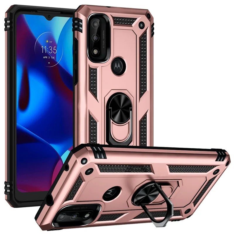 Pour Motorola G Pure Anti-scratch Shockproping Hard PC Soft TPU Protective Case Avec Ring Kickstand - or Rose