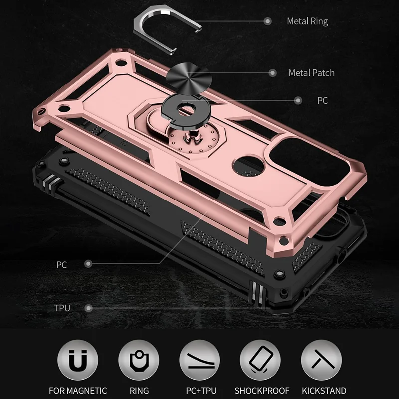 Pour Motorola G Pure Anti-scratch Shockproping Hard PC Soft TPU Protective Case Avec Ring Kickstand - or Rose
