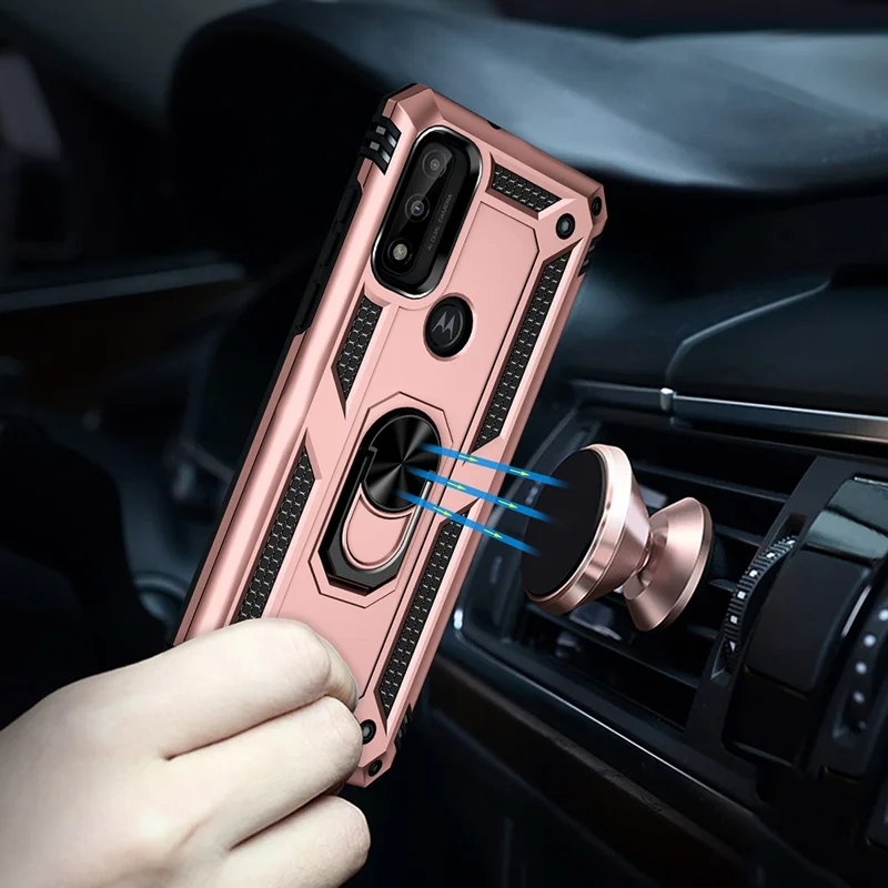 Pour Motorola G Pure Anti-scratch Shockproping Hard PC Soft TPU Protective Case Avec Ring Kickstand - or Rose