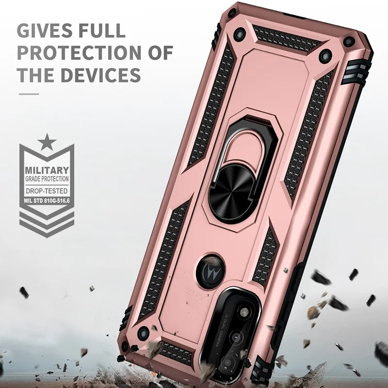 Pour Motorola G Pure Anti-scratch Shockproping Hard PC Soft TPU Protective Case Avec Ring Kickstand - or Rose