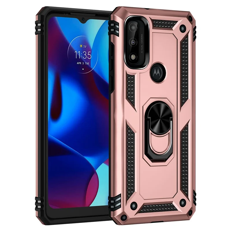 Pour Motorola G Pure Anti-scratch Shockproping Hard PC Soft TPU Protective Case Avec Ring Kickstand - or Rose