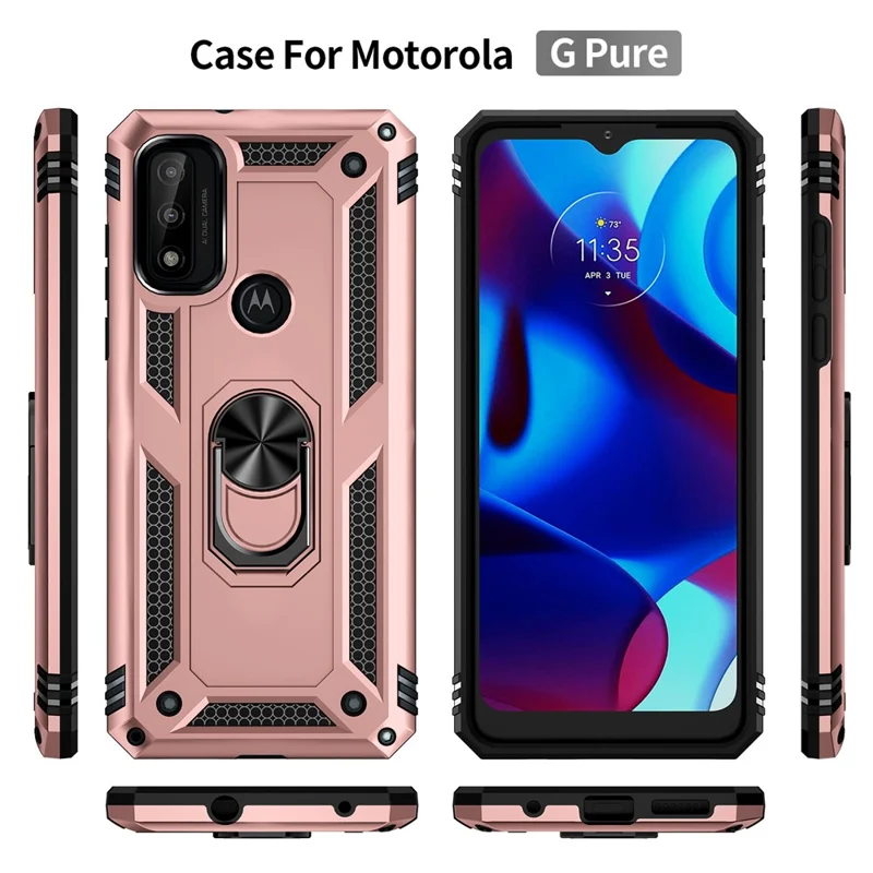 Pour Motorola G Pure Anti-scratch Shockproping Hard PC Soft TPU Protective Case Avec Ring Kickstand - or Rose