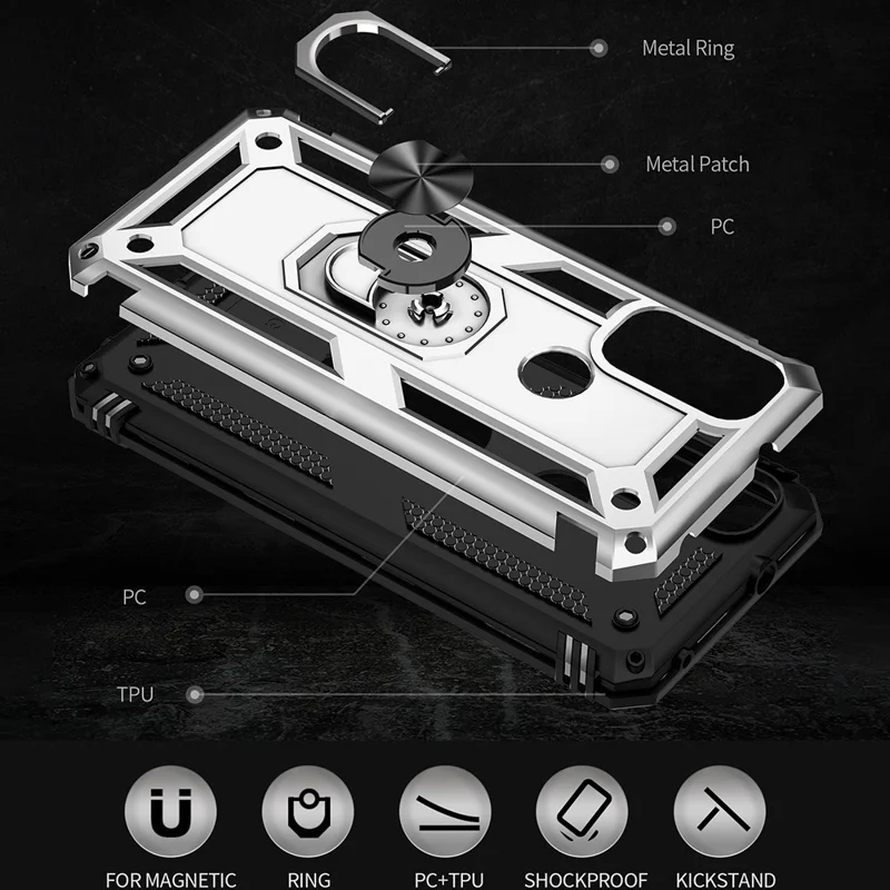 For Motorola G Pure Anti-scratch Shockproof Hard PC Soft TPU Protective Case with Ring Kickstand - Silver