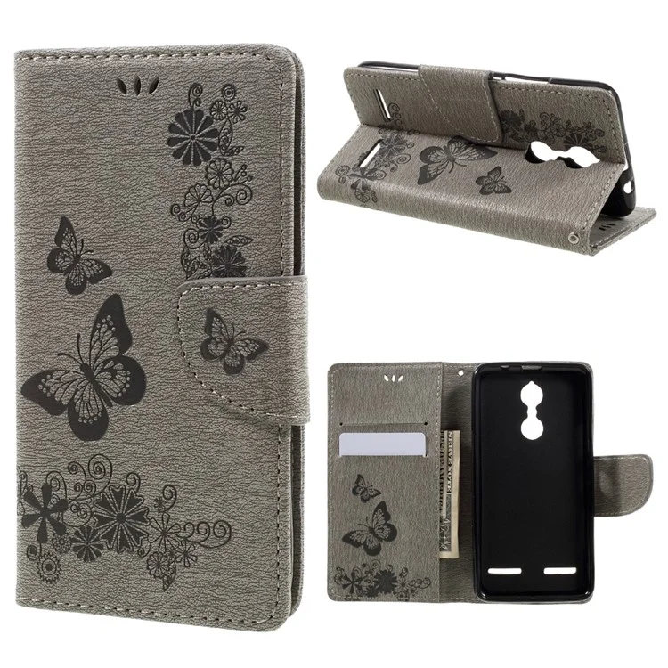 Imprint Butterfly Flower Wallet Leather Phone Case for Lenovo K6 - Grey