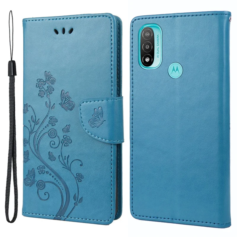 Imprint Butterflies Pattern Full Body Protection Leather Case Stand Wallet Phone Cover for Motorola Moto E20/E30/E40 - Blue