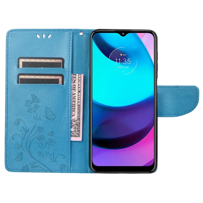 Imprint Butterflies Pattern Full Body Protection Leather Case Stand Wallet Phone Cover for Motorola Moto E20/E30/E40 - Blue