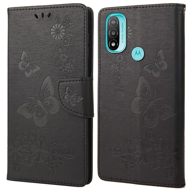 For Motorola Moto E20/E30/E40 Smart Phone Shell Imprinted Big Butterflies Leather Mobile Phone Case Wallet Stand Covering - Black