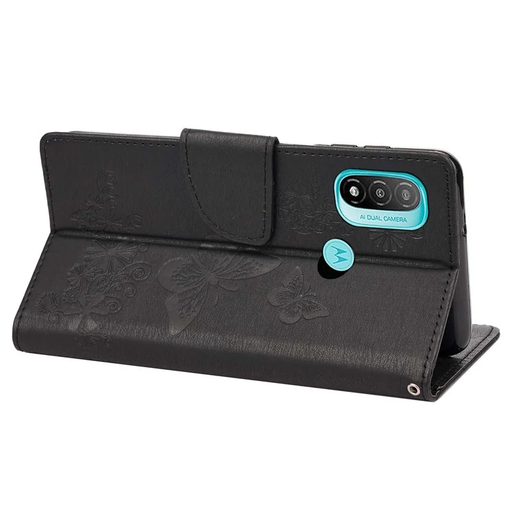 Para Motorola Moto E20/E30/E40 Funda de teléfono móvil Estampado con grandes mariposas Funda de cuero con billetera y soporte - Negro