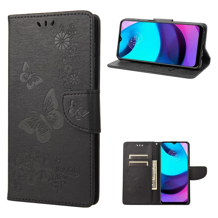 For Motorola Moto E20/E30/E40 Smart Phone Shell Imprinted Big Butterflies Leather Mobile Phone Case Wallet Stand Covering - Black