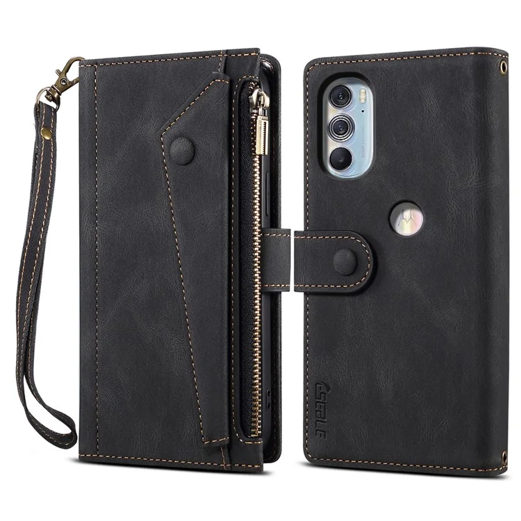 Full Body Protection Wallet Phone Case Multifunction Zipper Pocket Phone Cover with Wrist Strap for Motorola Edge X30 - Black
