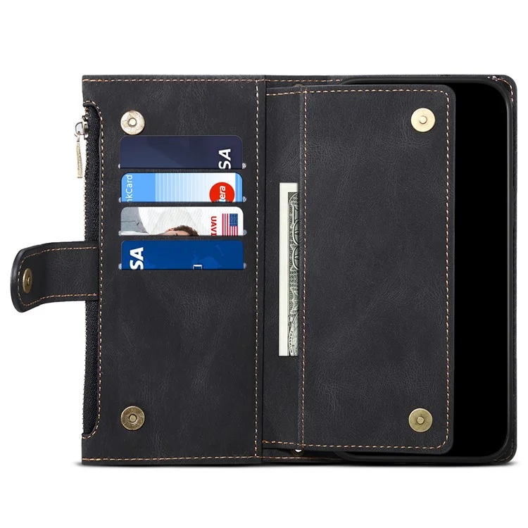 Full Body Protection Wallet Phone Case Multifunction Zipper Pocket Phone Cover with Wrist Strap for Motorola Edge X30 - Black