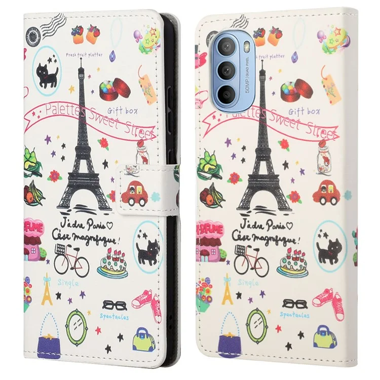 Pattern Printing TPU + PU Leather Phone Case Magnetic Closure Flip Phone Protector with Wallet Stand for Motorola Moto G31/G41 - Iron Tower