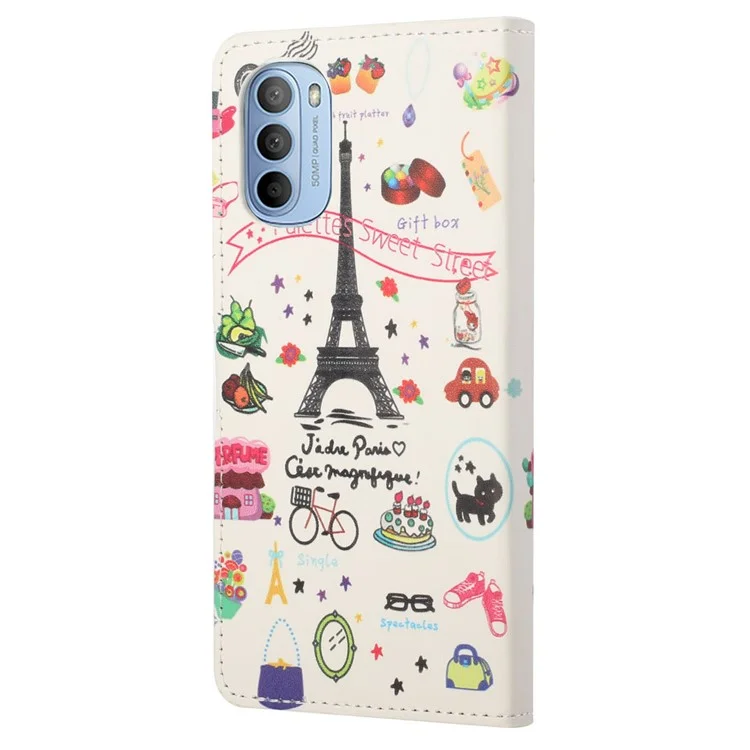 Pattern Printing TPU + PU Leather Phone Case Magnetic Closure Flip Phone Protector with Wallet Stand for Motorola Moto G31/G41 - Iron Tower