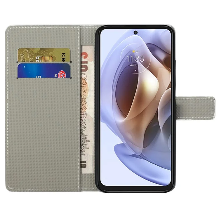 Pattern Printing TPU + PU Leather Phone Case Magnetic Closure Flip Phone Protector with Wallet Stand for Motorola Moto G31/G41 - Iron Tower