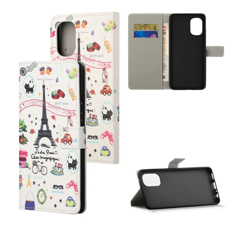 Pattern Printing TPU + PU Leather Phone Case Magnetic Closure Flip Phone Protector with Wallet Stand for Motorola Moto G31/G41 - Iron Tower