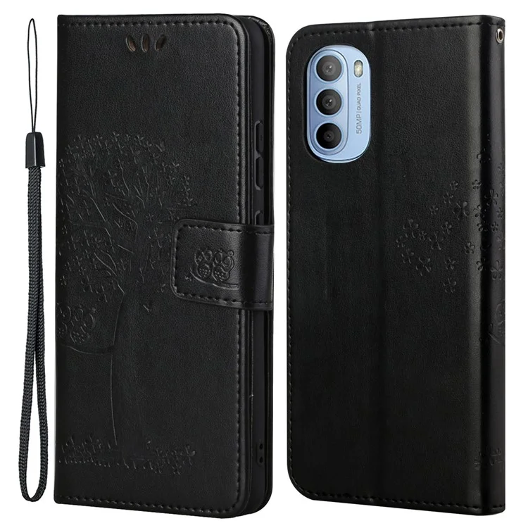 Stylish Owl Tree Pattern Imprinted Magnetic Clasp TPU and PU Leather Phone Case Stand Wallet Cover with Strap for Motorola Moto G31 / G41 - Black