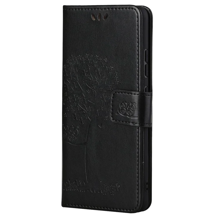 Stylish Owl Tree Pattern Imprinted Magnetic Clasp TPU and PU Leather Phone Case Stand Wallet Cover with Strap for Motorola Moto G31 / G41 - Black