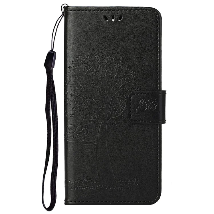 Stylish Owl Tree Pattern Imprinted Magnetic Clasp TPU and PU Leather Phone Case Stand Wallet Cover with Strap for Motorola Moto G31 / G41 - Black