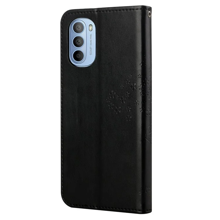 Stylish Owl Tree Pattern Imprinted Magnetic Clasp TPU and PU Leather Phone Case Stand Wallet Cover with Strap for Motorola Moto G31 / G41 - Black