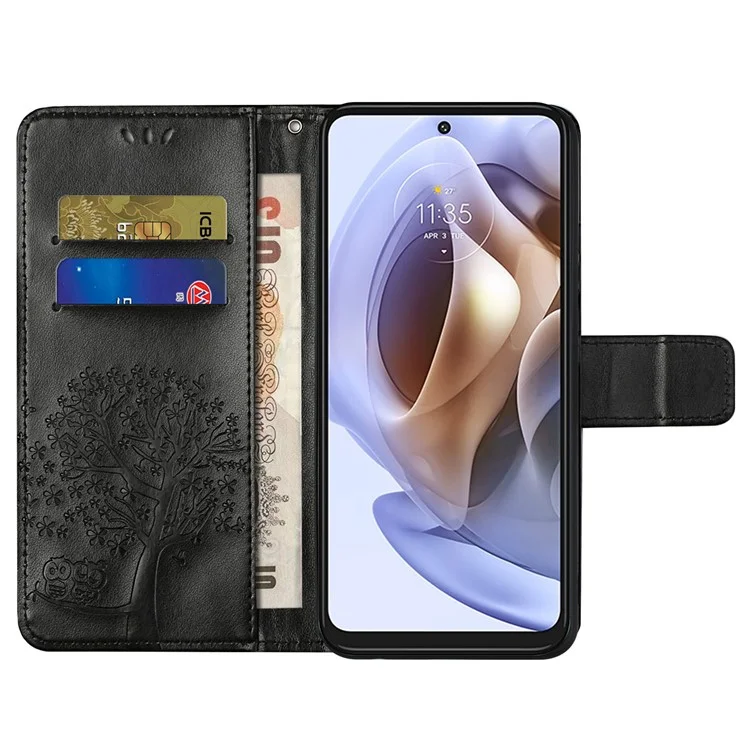 Stylish Owl Tree Pattern Imprinted Magnetic Clasp TPU and PU Leather Phone Case Stand Wallet Cover with Strap for Motorola Moto G31 / G41 - Black