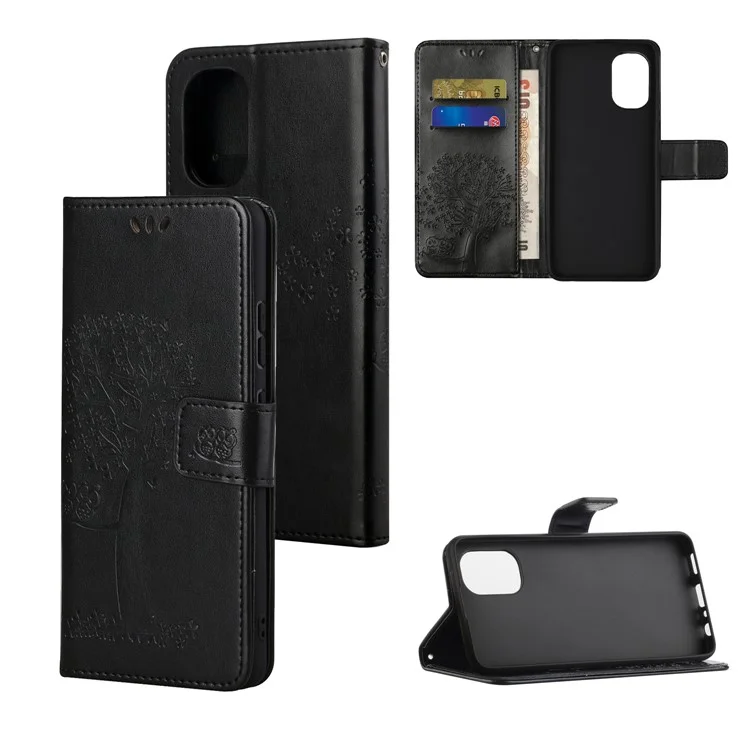 Stylish Owl Tree Pattern Imprinted Magnetic Clasp TPU and PU Leather Phone Case Stand Wallet Cover with Strap for Motorola Moto G31 / G41 - Black