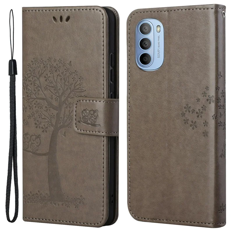 Stylish Owl Tree Pattern Imprinted Magnetic Clasp TPU and PU Leather Phone Case Stand Wallet Cover with Strap for Motorola Moto G31 / G41 - Grey