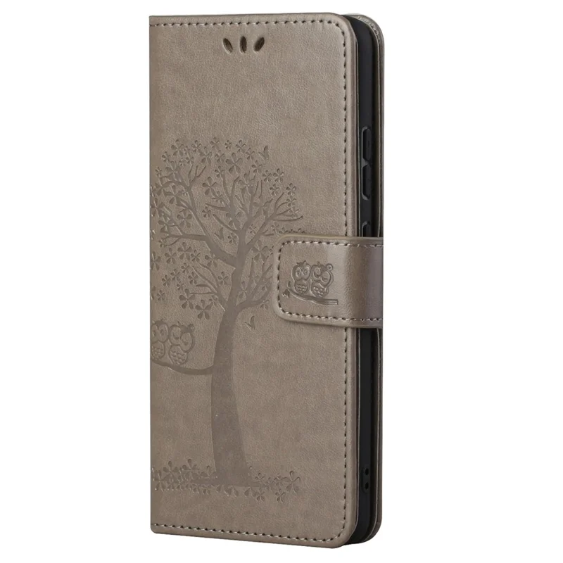 Stylish Owl Tree Pattern Imprinted Magnetic Clasp TPU and PU Leather Phone Case Stand Wallet Cover with Strap for Motorola Moto G31 / G41 - Grey