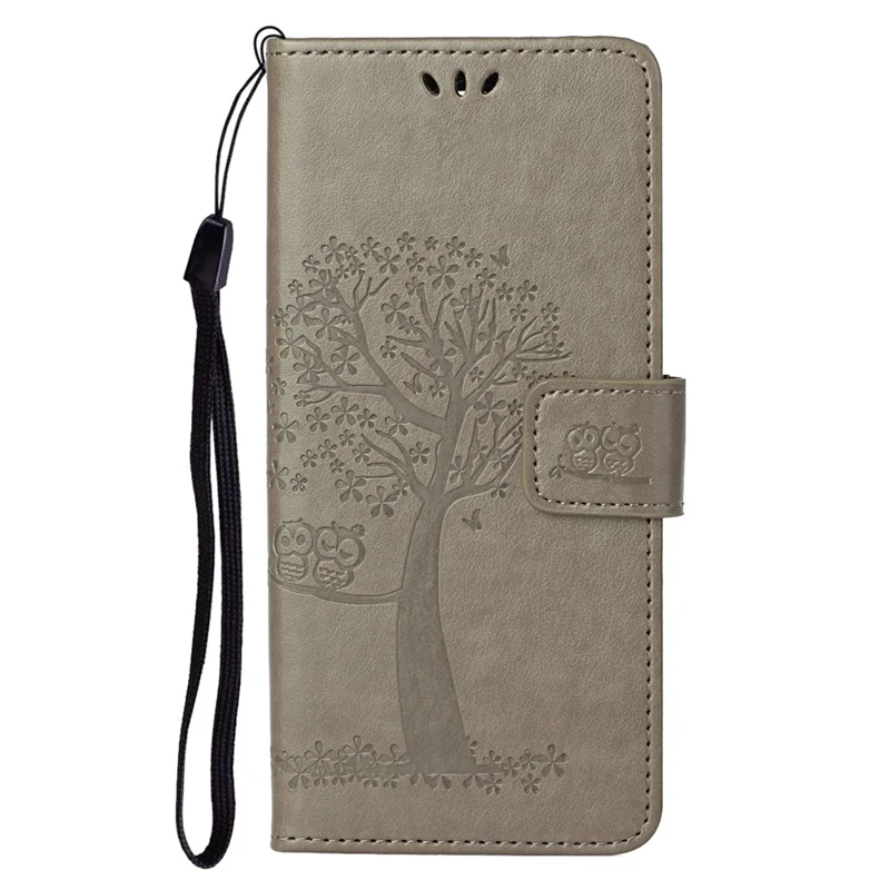 Stylish Owl Tree Pattern Imprinted Magnetic Clasp TPU and PU Leather Phone Case Stand Wallet Cover with Strap for Motorola Moto G31 / G41 - Grey