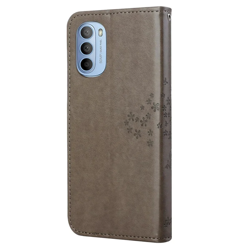 Stylish Owl Tree Pattern Imprinted Magnetic Clasp TPU and PU Leather Phone Case Stand Wallet Cover with Strap for Motorola Moto G31 / G41 - Grey