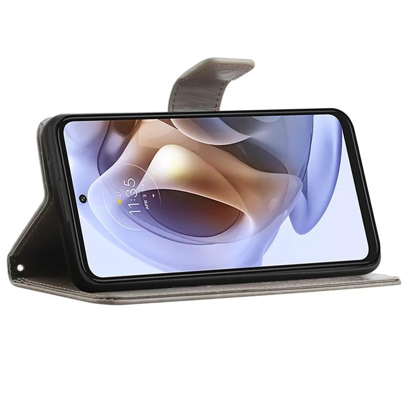 Stylish Owl Tree Pattern Imprinted Magnetic Clasp TPU and PU Leather Phone Case Stand Wallet Cover with Strap for Motorola Moto G31 / G41 - Grey