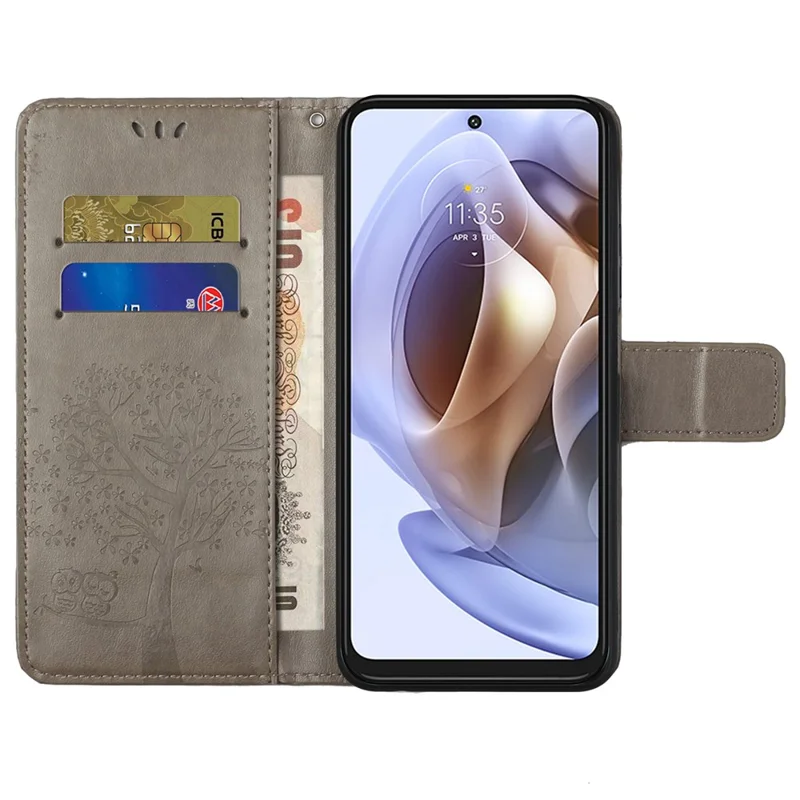 Stylish Owl Tree Pattern Imprinted Magnetic Clasp TPU and PU Leather Phone Case Stand Wallet Cover with Strap for Motorola Moto G31 / G41 - Grey