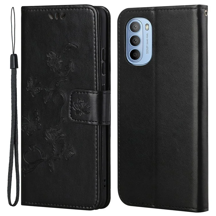 Scratch-resistant Imprinted Butterflies Flower PU Leather Wallet Function Phone Case Stand Shell for Motorola Moto G31 / G41 - Black