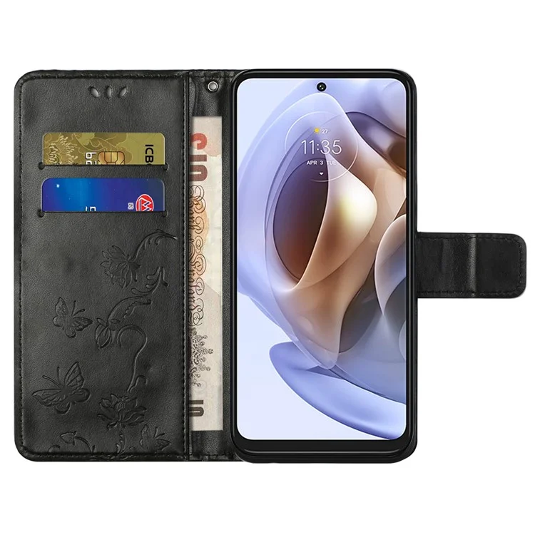 Scratch-resistant Imprinted Butterflies Flower PU Leather Wallet Function Phone Case Stand Shell for Motorola Moto G31 / G41 - Black