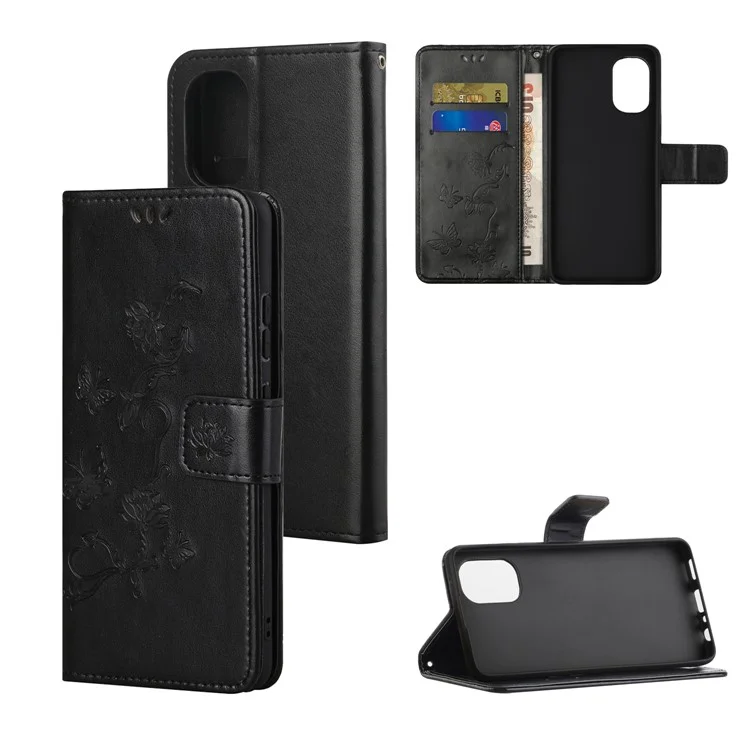Scratch-resistant Imprinted Butterflies Flower PU Leather Wallet Function Phone Case Stand Shell for Motorola Moto G31 / G41 - Black