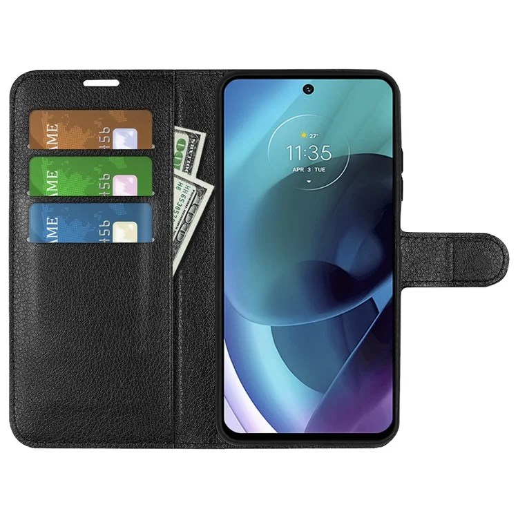 Litchi-Textur PU-Leder Flip Folio Buchständer Brieftasche Hülle Stoßfeste TPU-Innenschale Vollschutzhülle für Motorola Moto G51 5G - Schwarz
