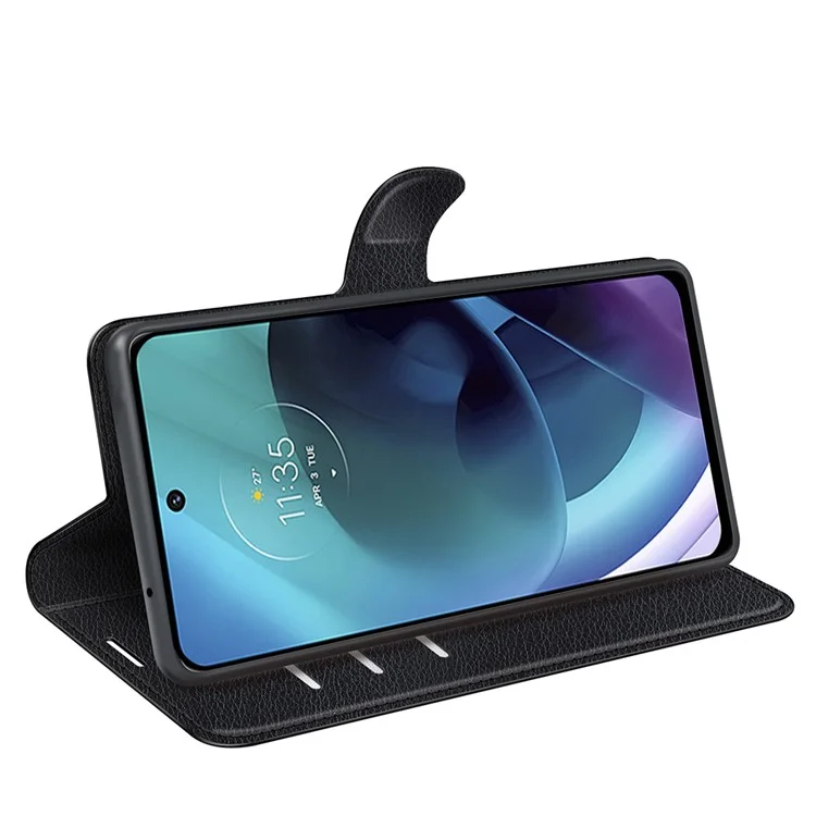 Litchi-Textur PU-Leder Flip Folio Buchständer Brieftasche Hülle Stoßfeste TPU-Innenschale Vollschutzhülle für Motorola Moto G51 5G - Schwarz