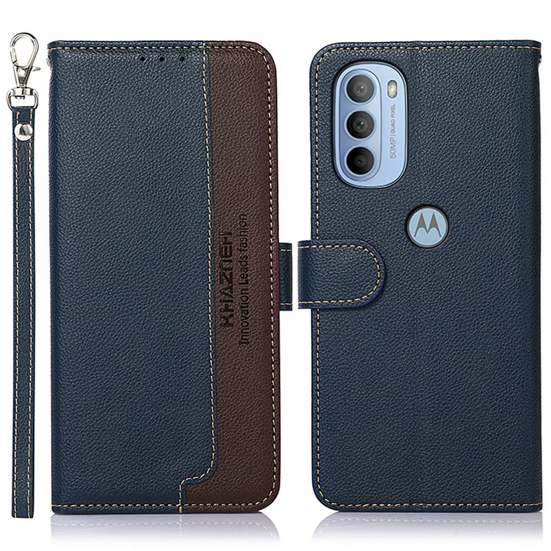 KHAZNEH RFID Blocking Stand Wallet Cover Full Protection Litchi Texture Leather Phone Case with Strap for Motorola Moto G31/G41 - Blue