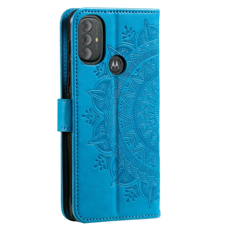 Mandala Flower Imprinted PU Leather Stand Wallet Phone Case Protective Cover for Motorola Moto G Power (2022) - Blue