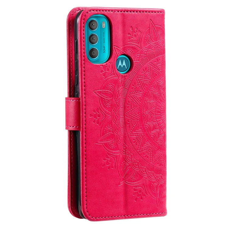 PU Leather + Soft TPU Case Imprinted Mandala Flower Stand Wallet Protective Cover for Motorola Moto G71 5G - Rose